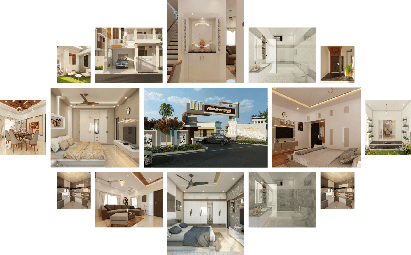 Interior and exterior views of delivered villas at AnnaiBharath Kingsway Silaiman, a DTCP-approved gated community in Madurai