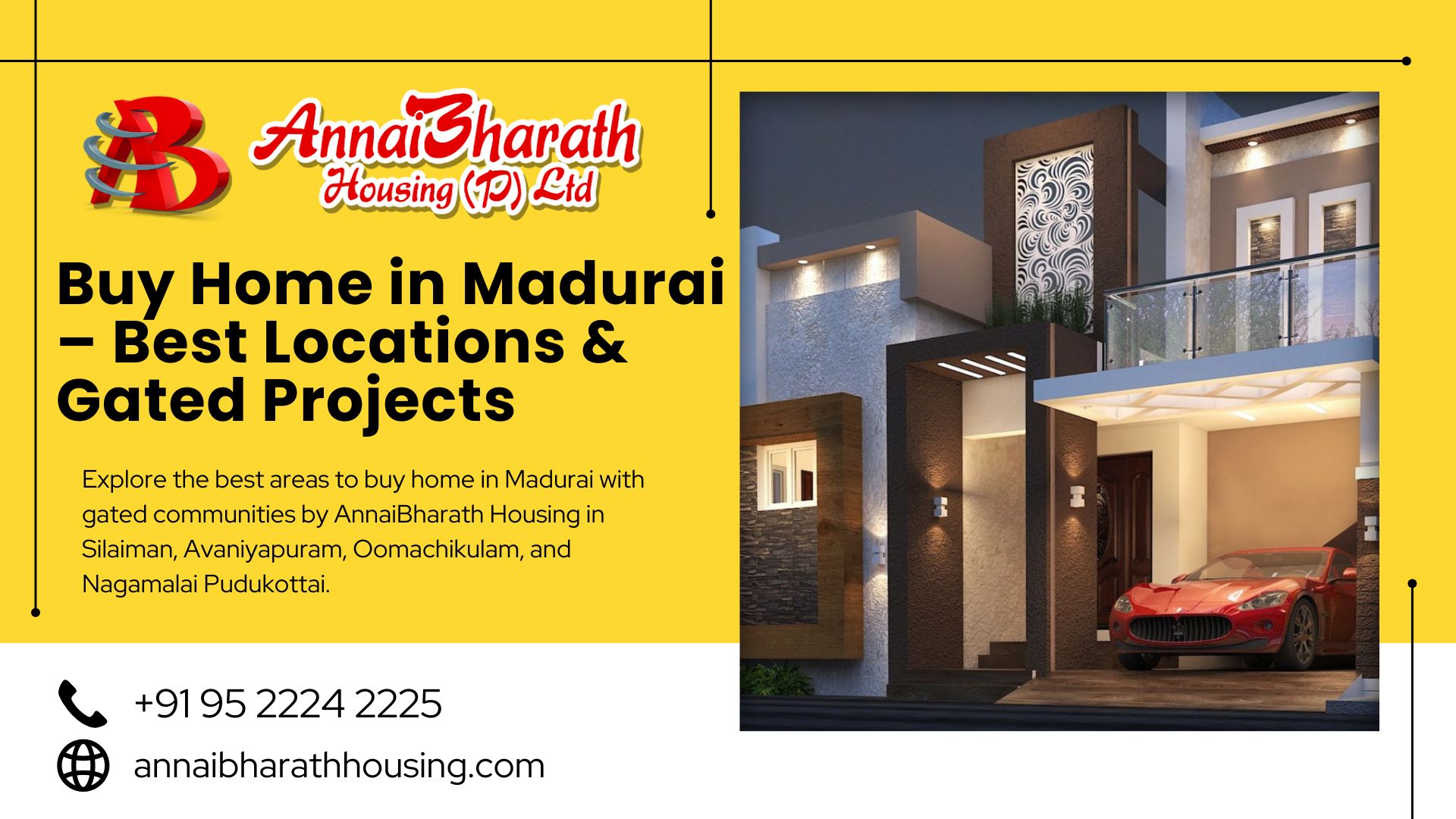 Modern villa image with the text "Buy Home in Madurai – Best Locations & Gated Projects" by AnnaiBharath Housing