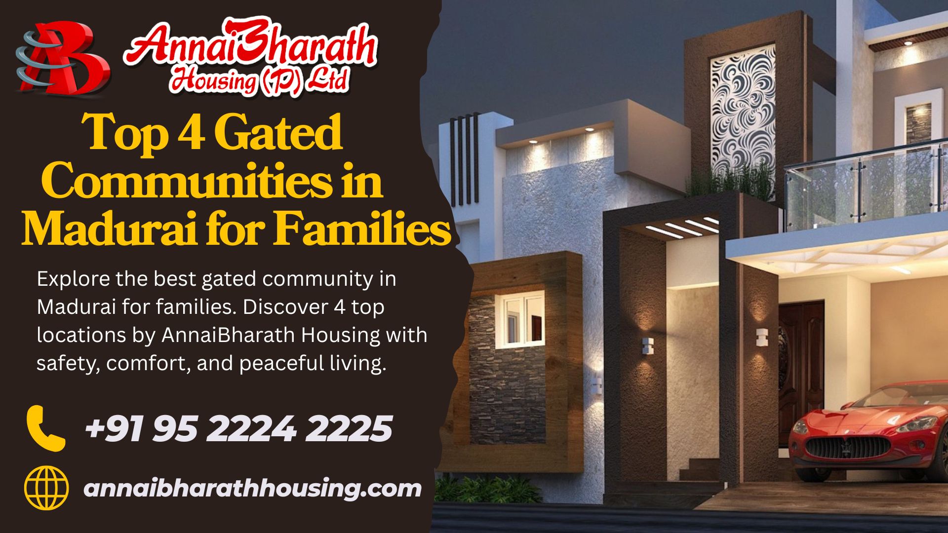 Modern gated community home with contact details of AnnaiBharath Housing in Madurai
