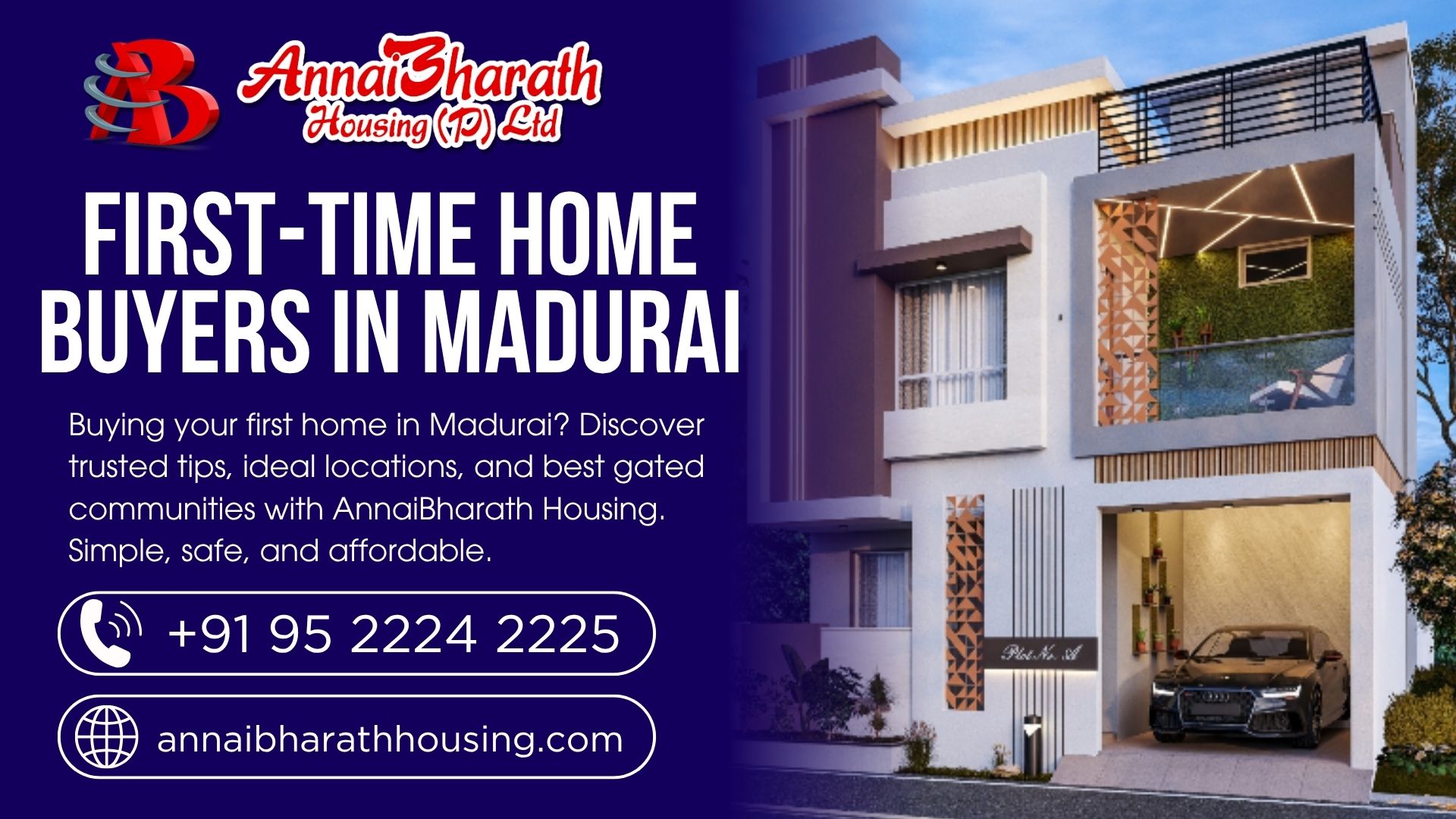 AnnaiBharath Housing banner for first-time home buyers in Madurai featuring contact number, website, and modern villa image