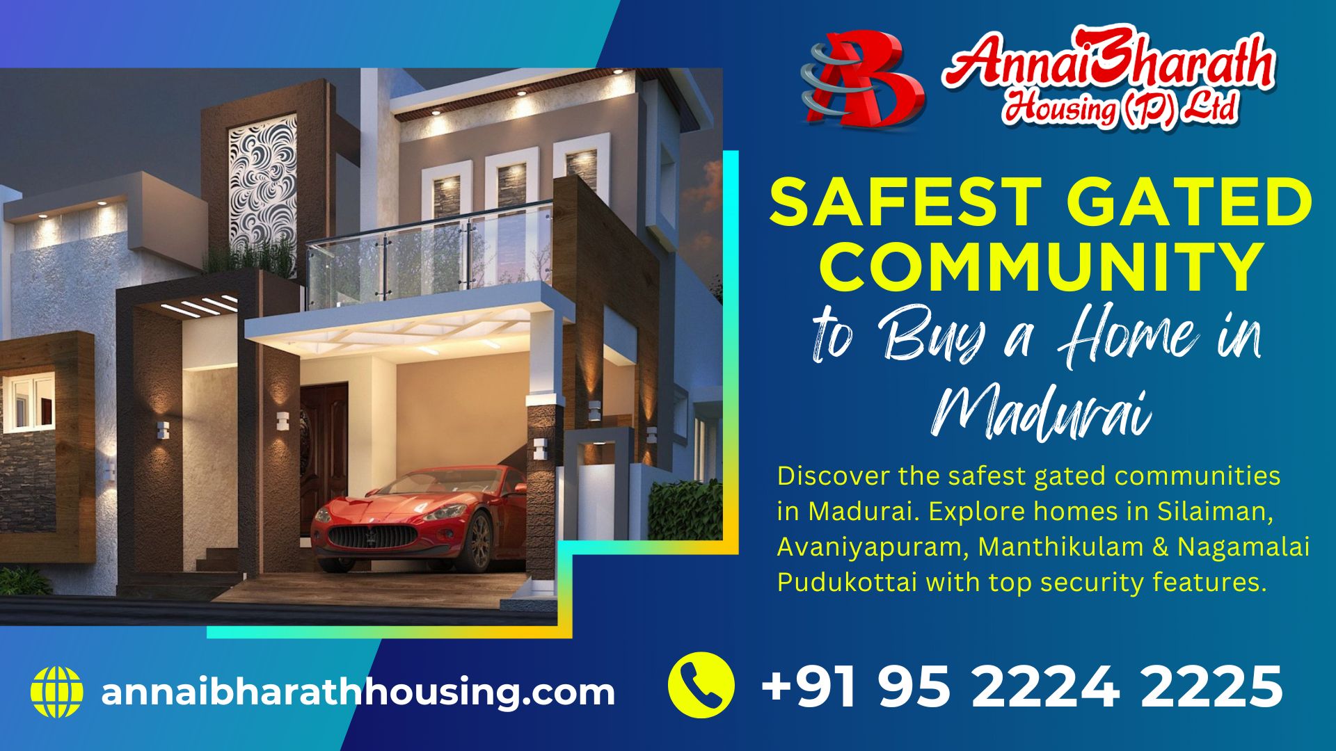 Modern gated community home at night view in Madurai by AnnaiBharath Housing