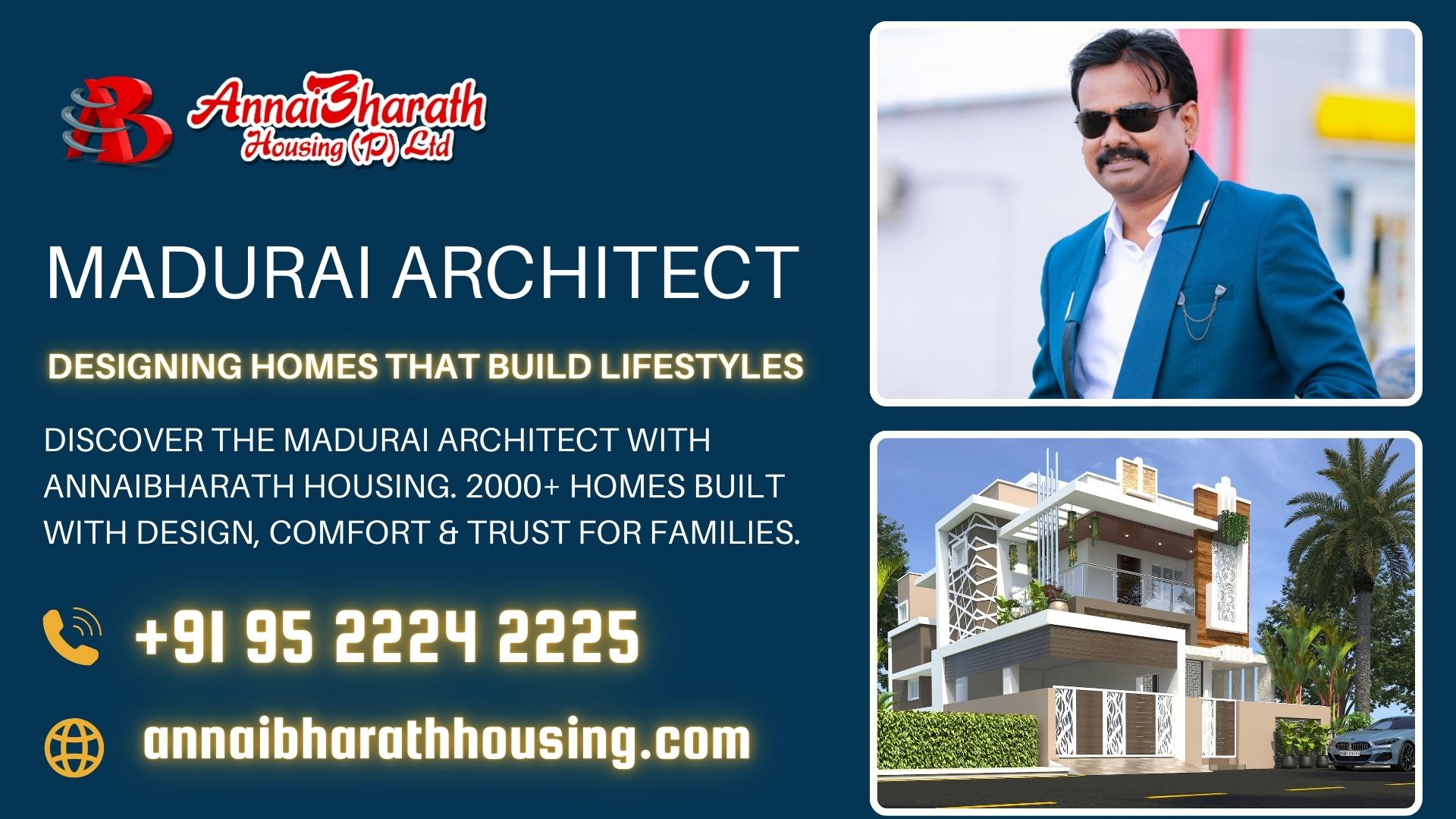 Modern villa design by AnnaiBharath Housing Pvt Ltd – Trusted Madurai Architect for DTCP-approved homes blending lifestyle and comfort.